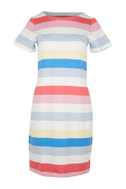 Product shot of the Riveria Jeresey Dress in colour Mulitstri (White), from the front
