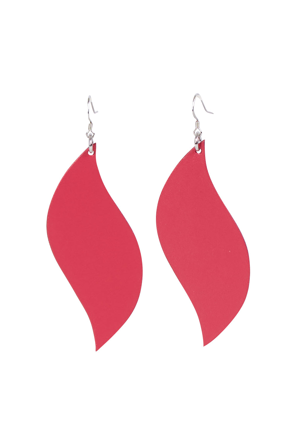 Product shot of the Australian Made Bold Single Leaf Leather Earring in colour Fuschia (Pink), from the front