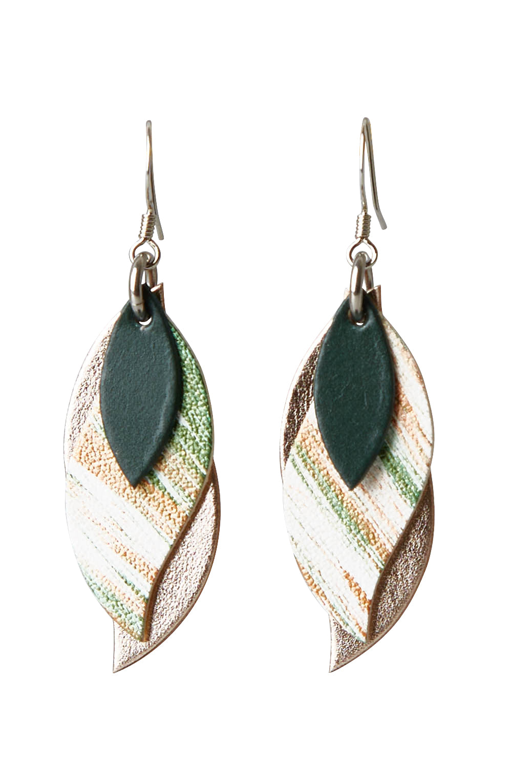 Product shot of the Australian Made Brushed Leather Leaf Earring in colour Goldgreen (Metallics), from the front