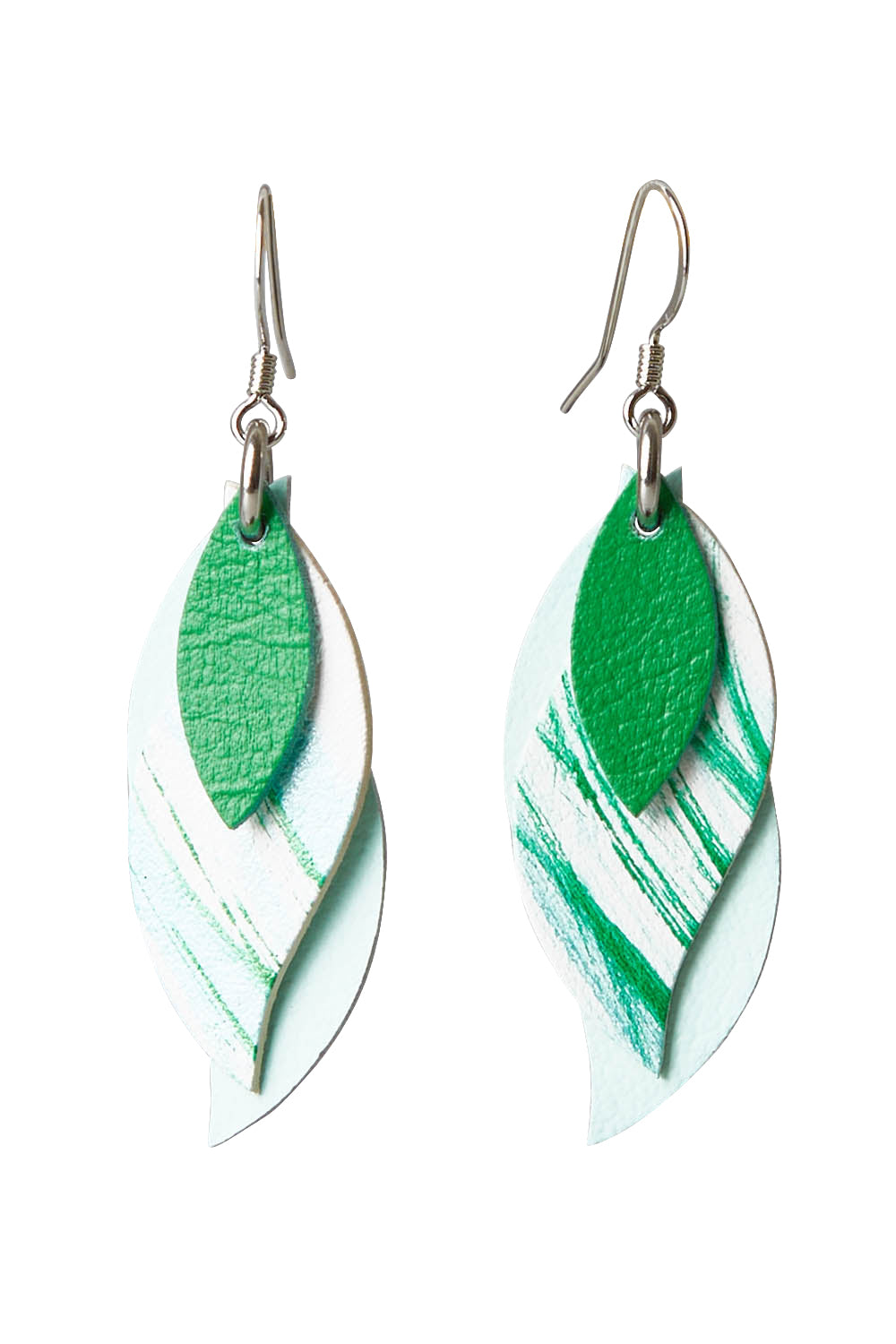 Product shot of the Australian Made Brushed Leather Leaf Earring in colour Green (Green), from the front