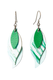 Product shot of the Australian Made Brushed Leather Leaf Earring in colour Green (Green), from the front
