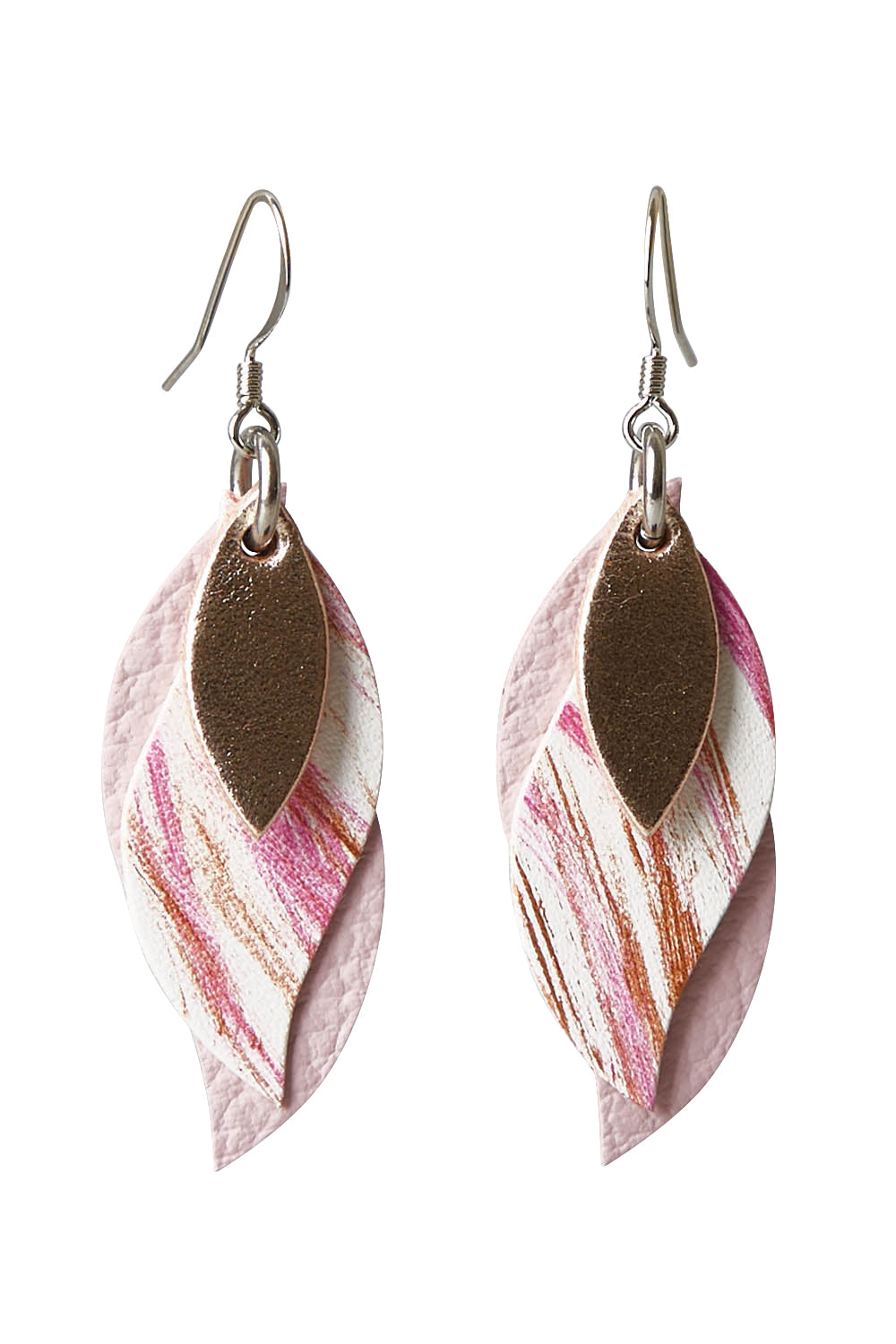 Product shot of the Australian Made Brushed Leather Leaf Earring in colour Softpink (Pink), from the front