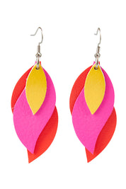 Product shot of the Australian Made Large Leather Leaf Earring in colour Orangepink (Pink), from the front