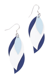 Product shot of the Australian Made Large Leather Leaf Earring in colour Powderwhit (Blue), from the front