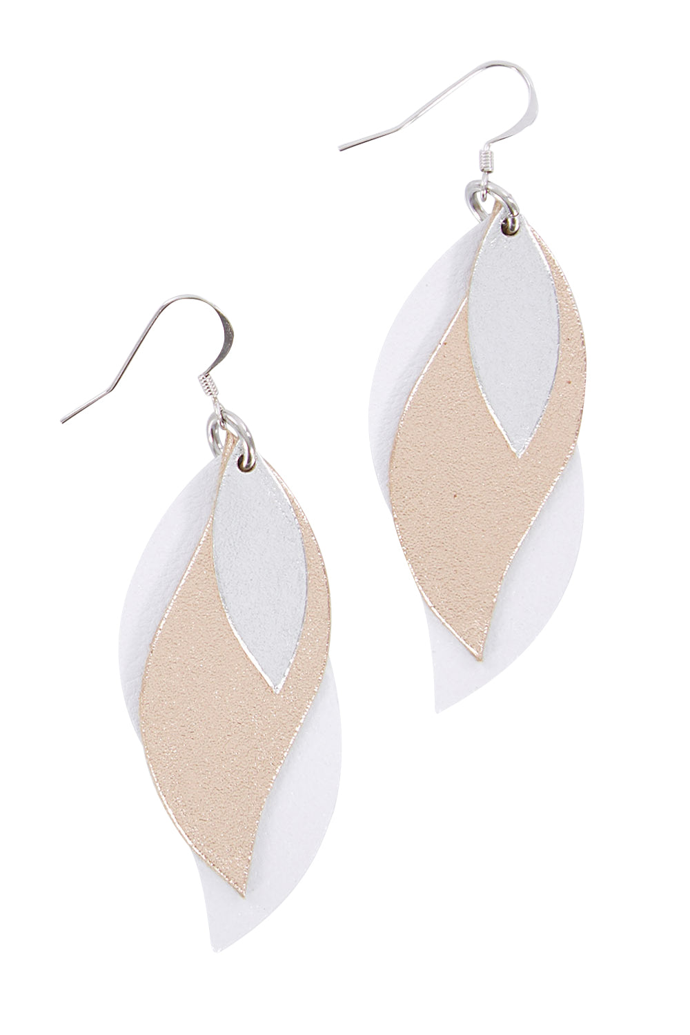 Product shot of the Australian Made Large Leather Leaf Earring in colour Silveroseg (Metallics), from the front