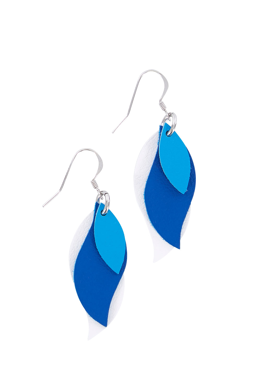 Product shot of the Australian Made Leather Leaf Earring in colour Bluewhite (Blue), from the front