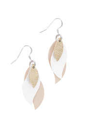 Product shot of the Australian Made Leather Leaf Earring in colour Goldwhite (Metallics), from the front