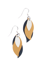 Product shot of the Australian Made Leather Leaf Earring in colour Ivorygold (Metallics), from the front