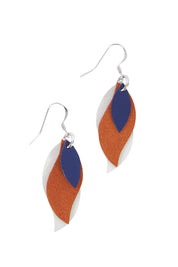 Product shot of the Australian Made Leather Leaf Earring in colour Navybrown, from the front