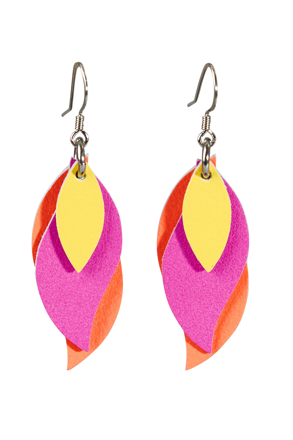 Product shot of the Australian Made Leather Leaf Earring in colour Orapinkyel (Pink), from the front