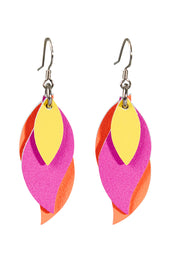 Product shot of the Australian Made Leather Leaf Earring in colour Orapinkyel (Pink), from the front