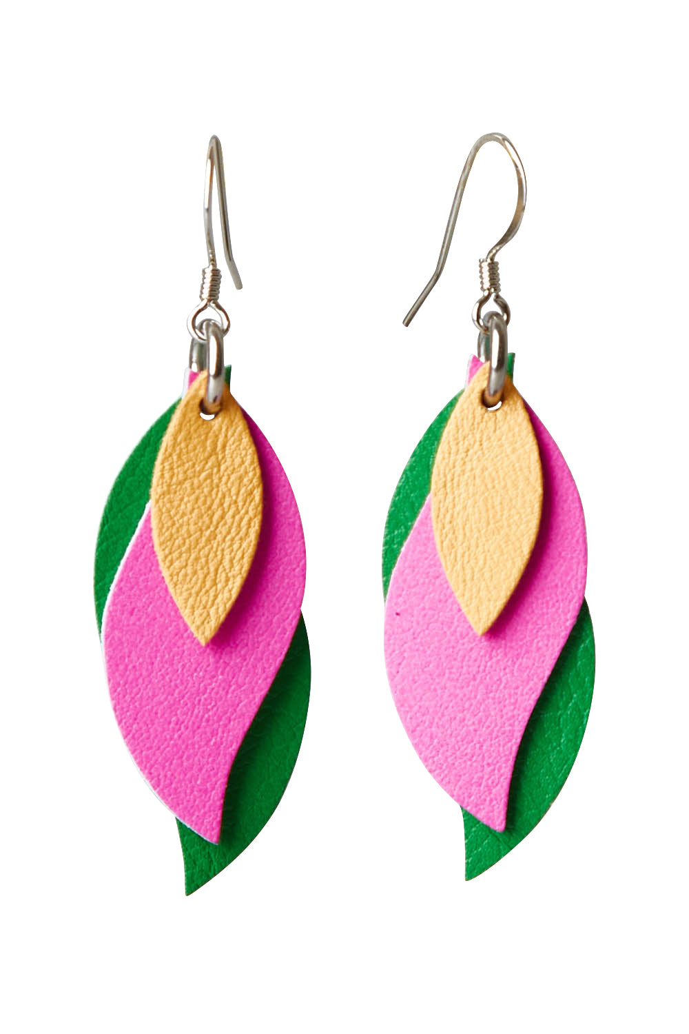 Product shot of the Australian Made Leather Leaf Earring in colour Pinkgreen (Pink), from the front