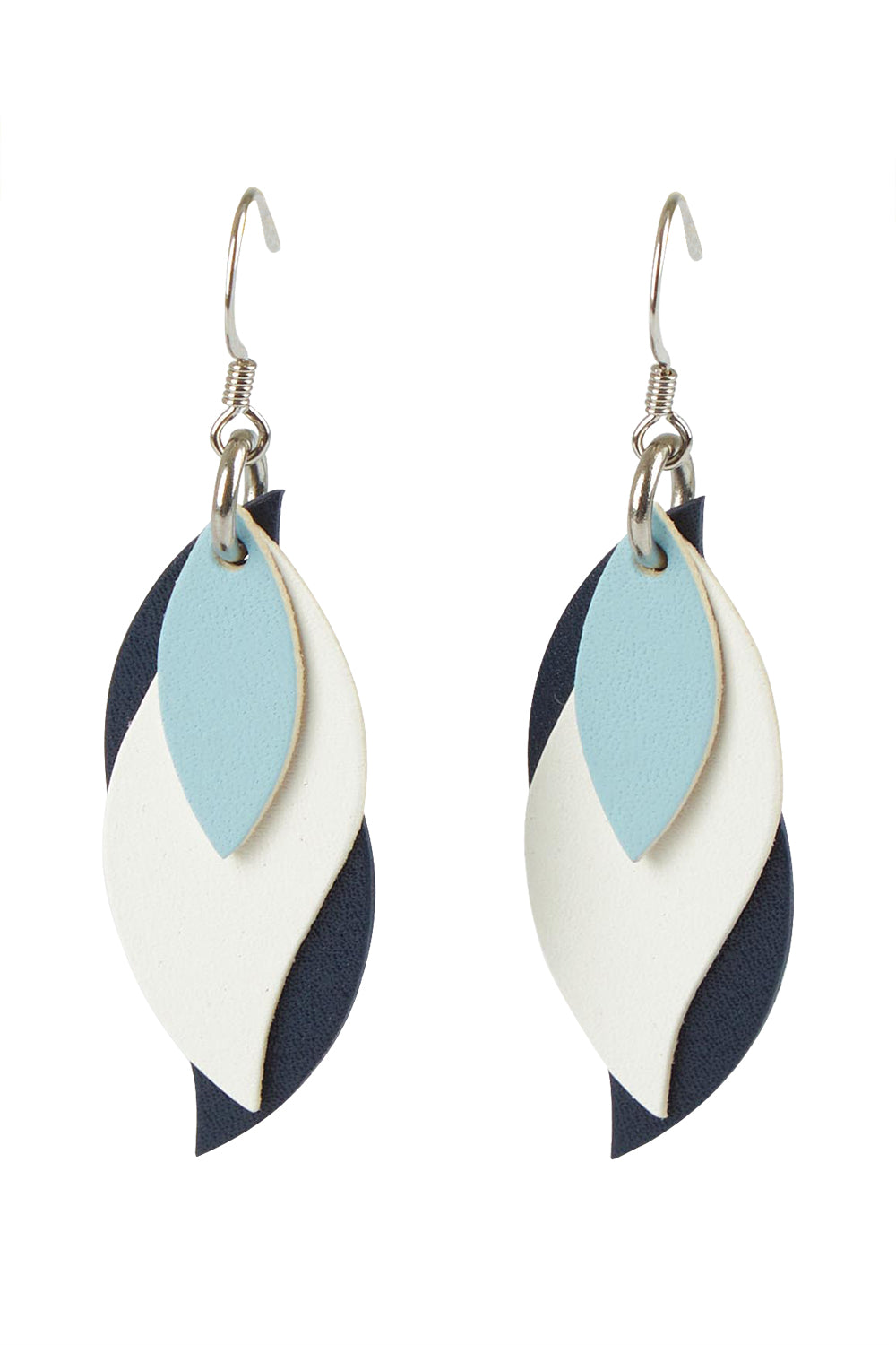 Product shot of the Australian Made Leather Leaf Earring in colour Powbluwhin (Blue), from the front