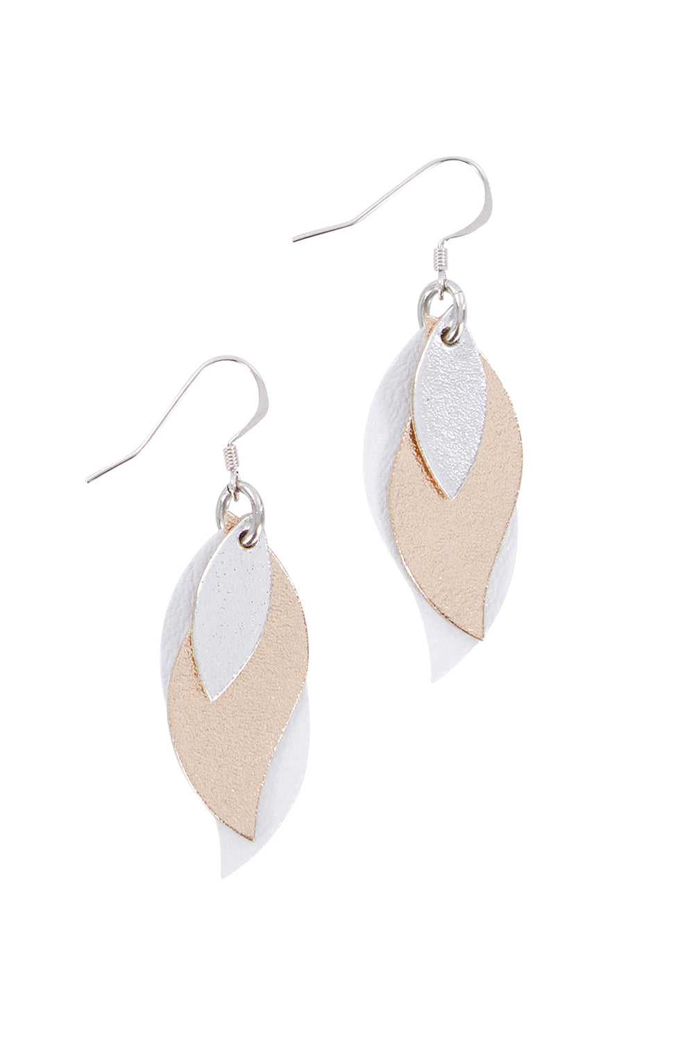 Product shot of the Australian Made Leather Leaf Earring in colour Silveroseg (Metallics), from the front