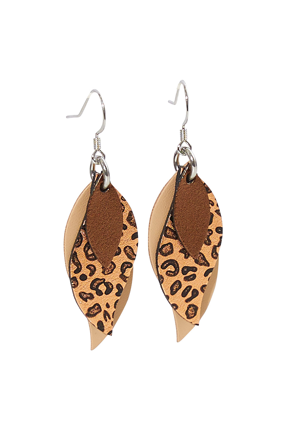 Product shot of the Australian Made Leather Leaf Leopard Earring in colour Broleonat, from the front