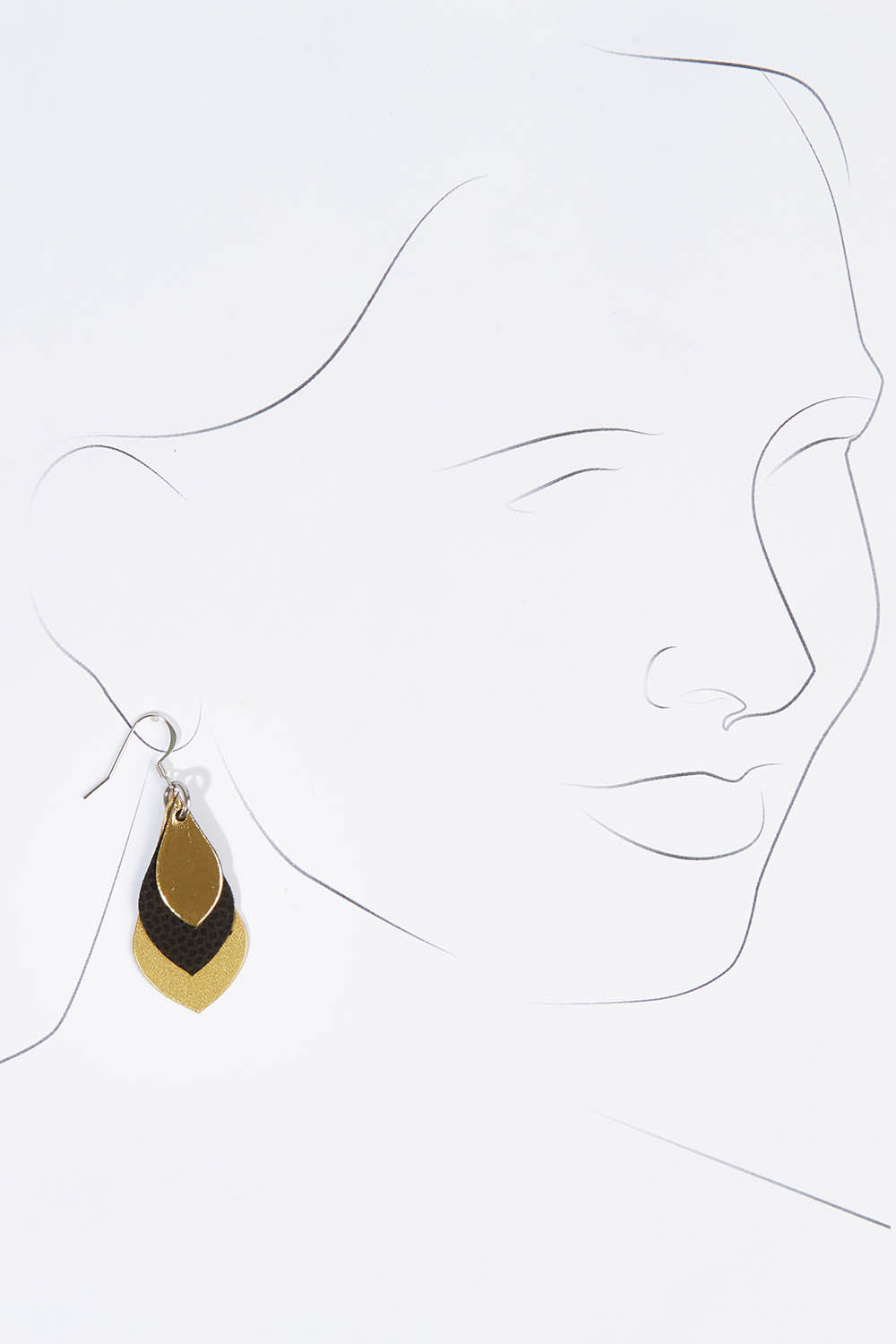 A model wearing size OneSize of the Australian Made Leather Teardrop Earring in colour Black (Black), from the front, showing the whole outfit