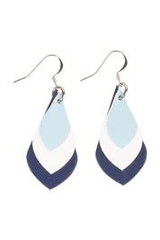 Product shot of the Australian Made Leather Teardrop Earring in colour Bluewhite (Blue), from the front