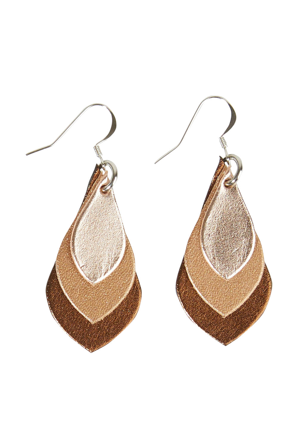 Product shot of the Australian Made Leather Teardrop Earring in colour Bronze (Metallics), from the front