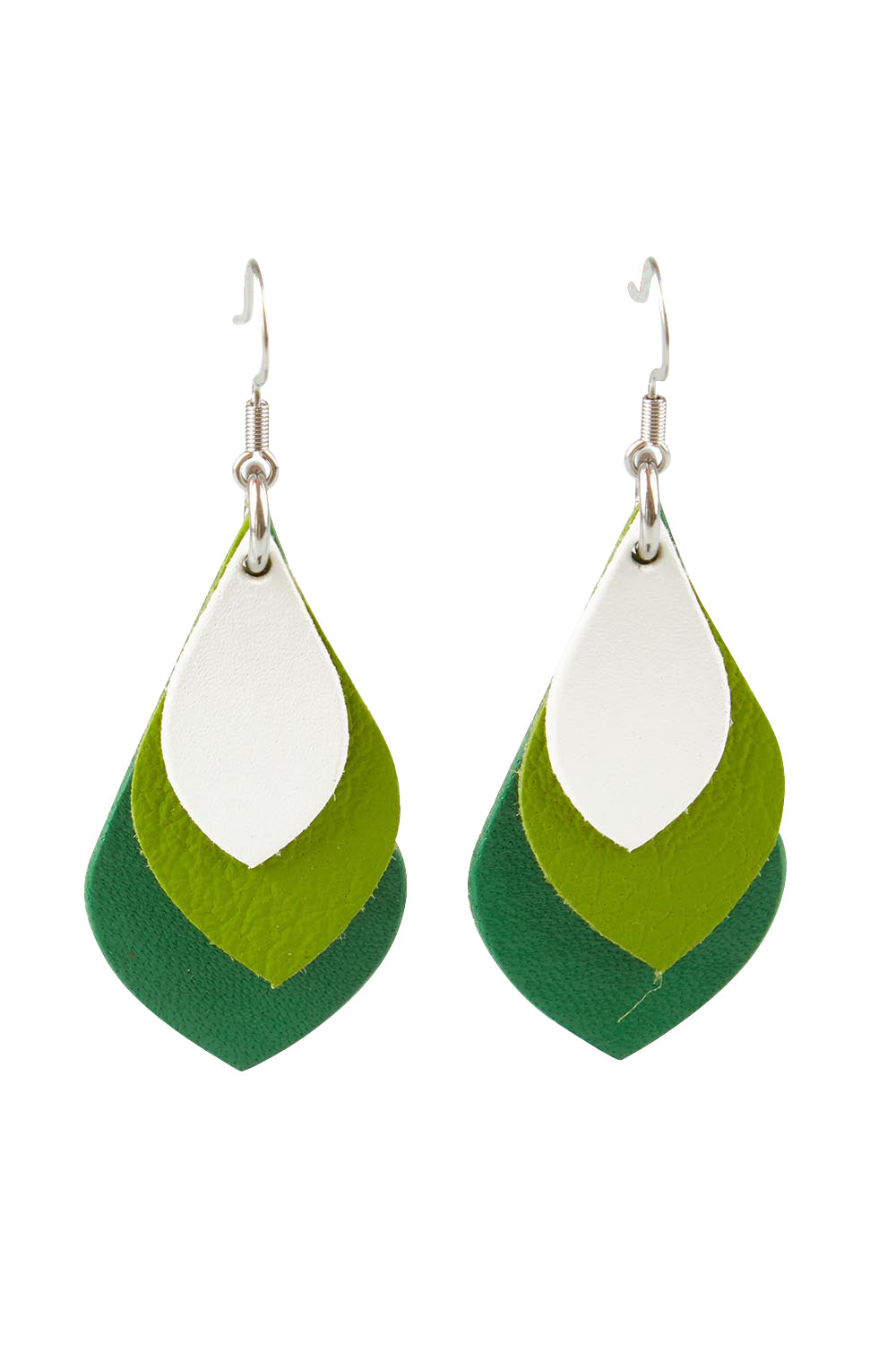 Product shot of the Australian Made Leather Teardrop Earring in colour Greenwhite (Green), from the front