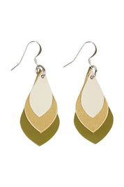 Product shot of the Australian Made Leather Teardrop Earring in colour Olivegold (Green), from the front