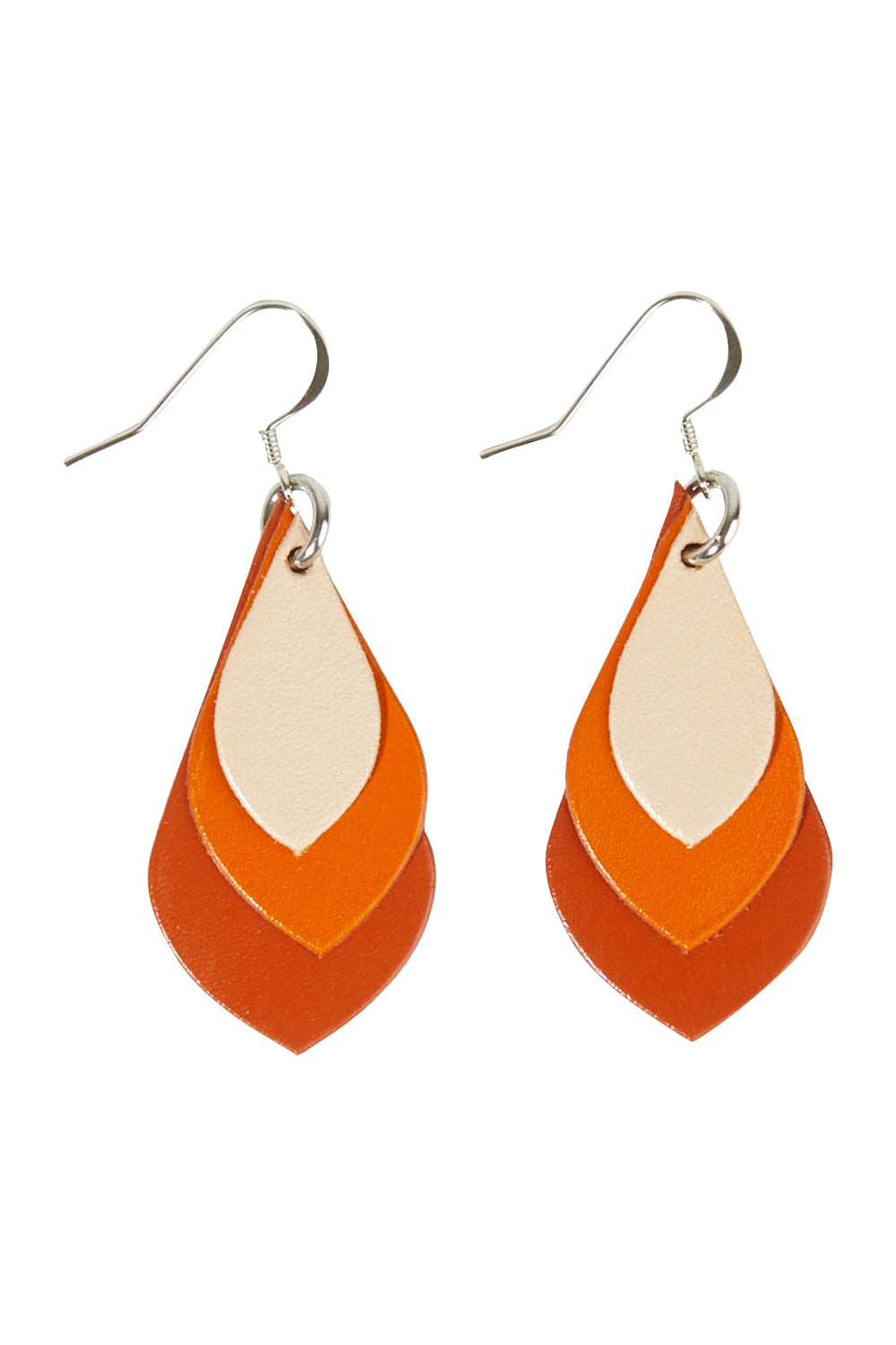 Product shot of the Australian Made Leather Teardrop Earring in colour Orangetan, from the front