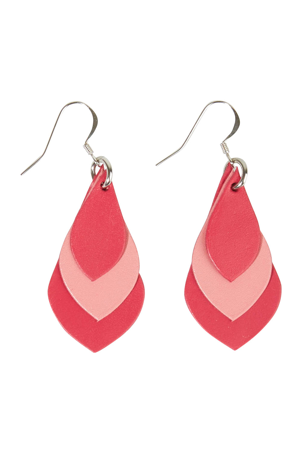 Product shot of the Australian Made Leather Teardrop Earring in colour Pink (Pink), from the front