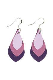 Product shot of the Australian Made Leather Teardrop Earring in colour Purple (Purple), from the front