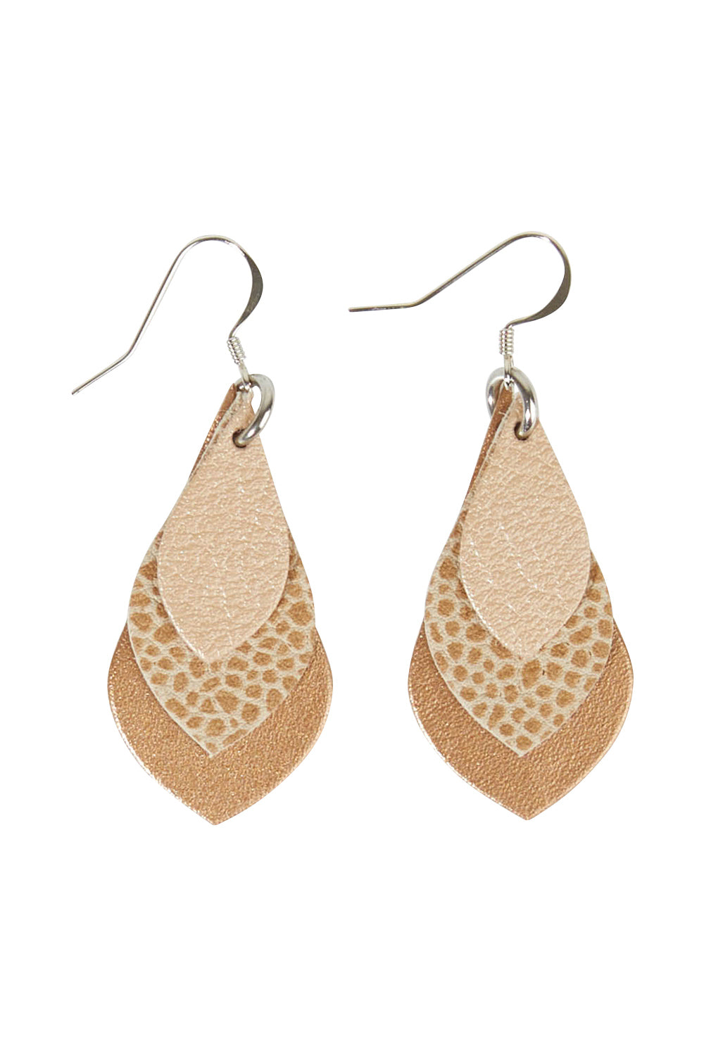 Product shot of the Australian Made Leather Teardrop Earring in colour Roseanimal, from the front