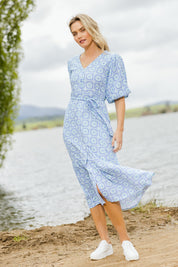 Model Alice wearing size 10 of the Zara Dress in colour Marine (Blue), from the front, showing the whole outfit