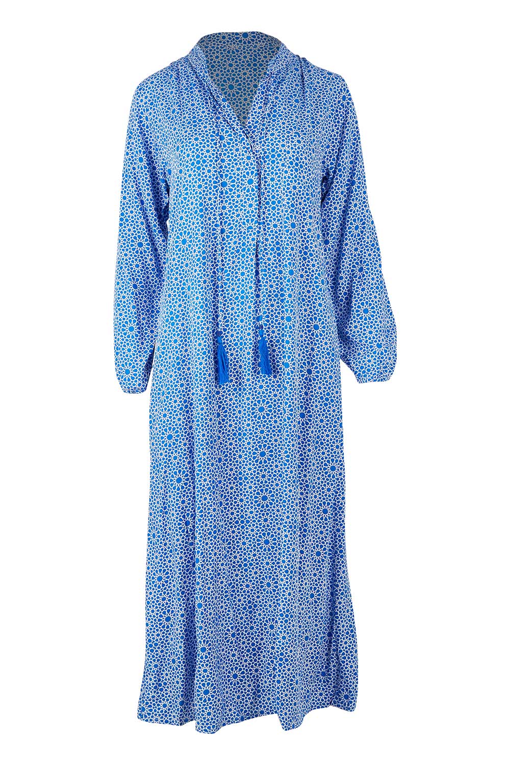 Product shot of the Maxi Pop Over Dress in colour Navy (Blue), from the front