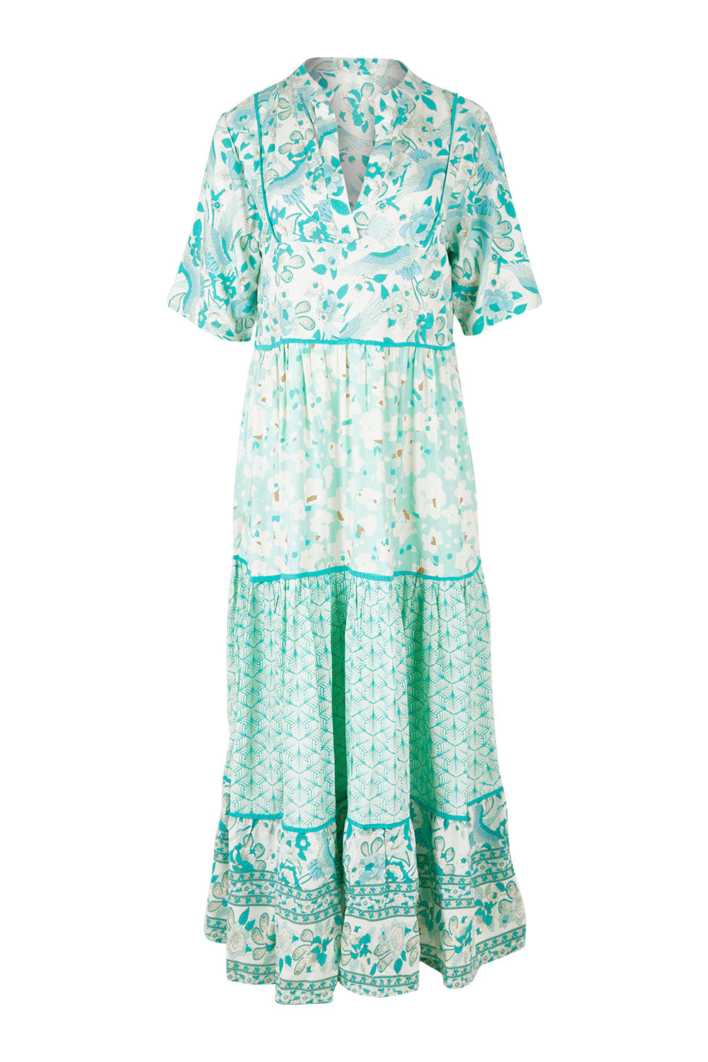 Product shot of the Emma Dress in colour Greencombo (Green), from the front