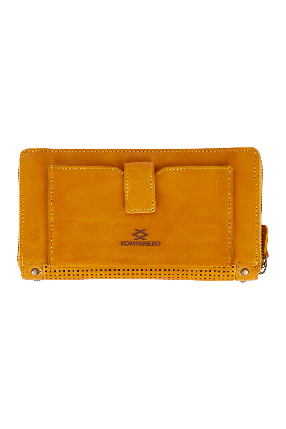 Product shot of the Tilly Leather Zip Around Wallet in colour Mustard, from the back
