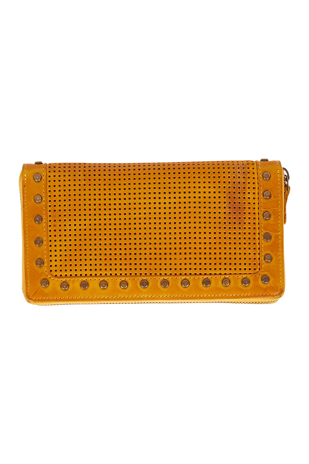 Product shot of the Tilly Leather Zip Around Wallet in colour Mustard, from the front