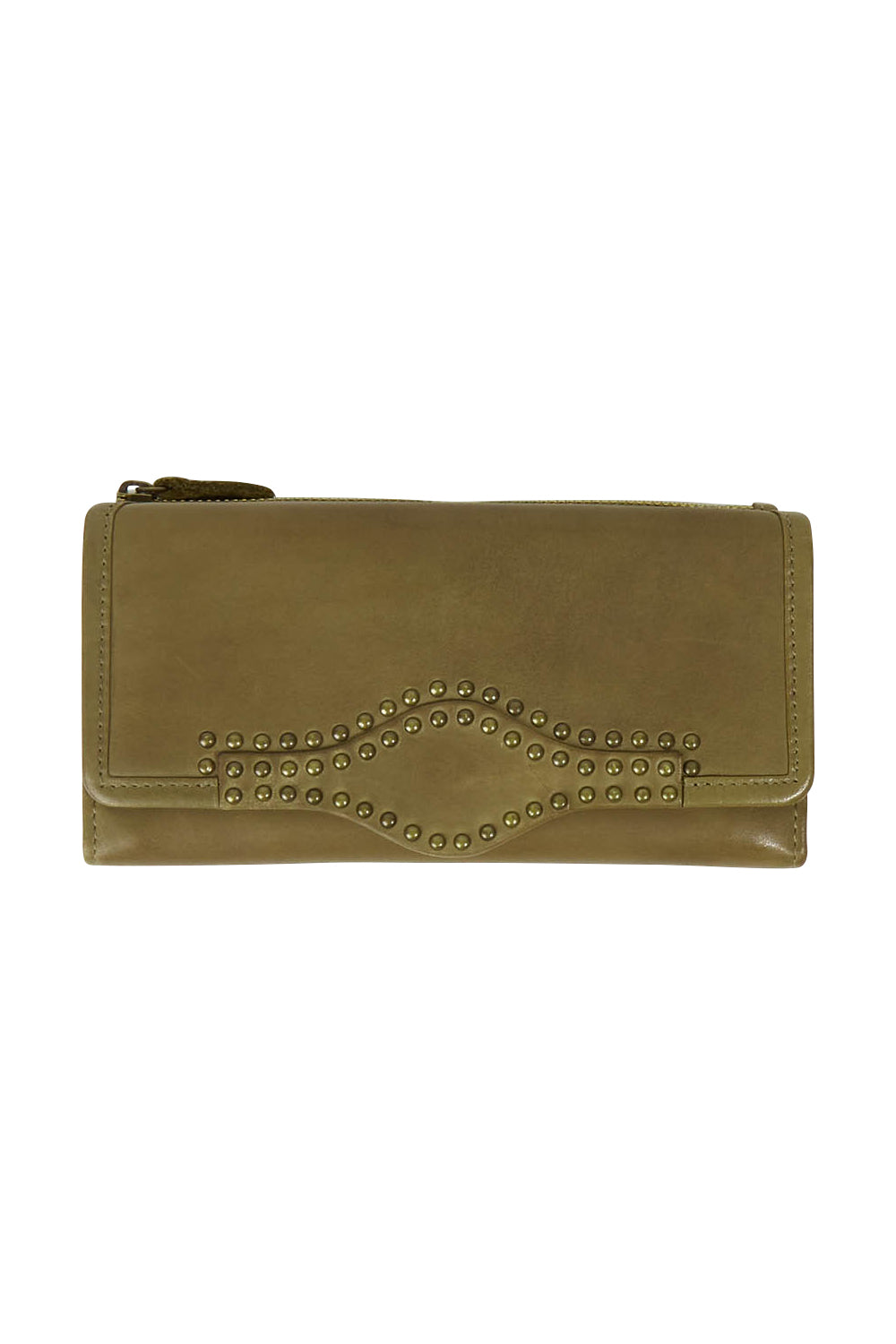 Product shot of the Roxie Leather Wallet in colour Olive (Green), from the front
