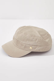 A model wearing size OneSize of the Marley Mao Cap in colour Latte, from the front, showing the whole outfit