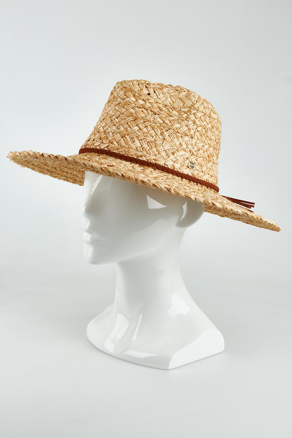 A model wearing the Sawtell Surf Straw Hat in colour Natural, from the front, showing the whole outfit