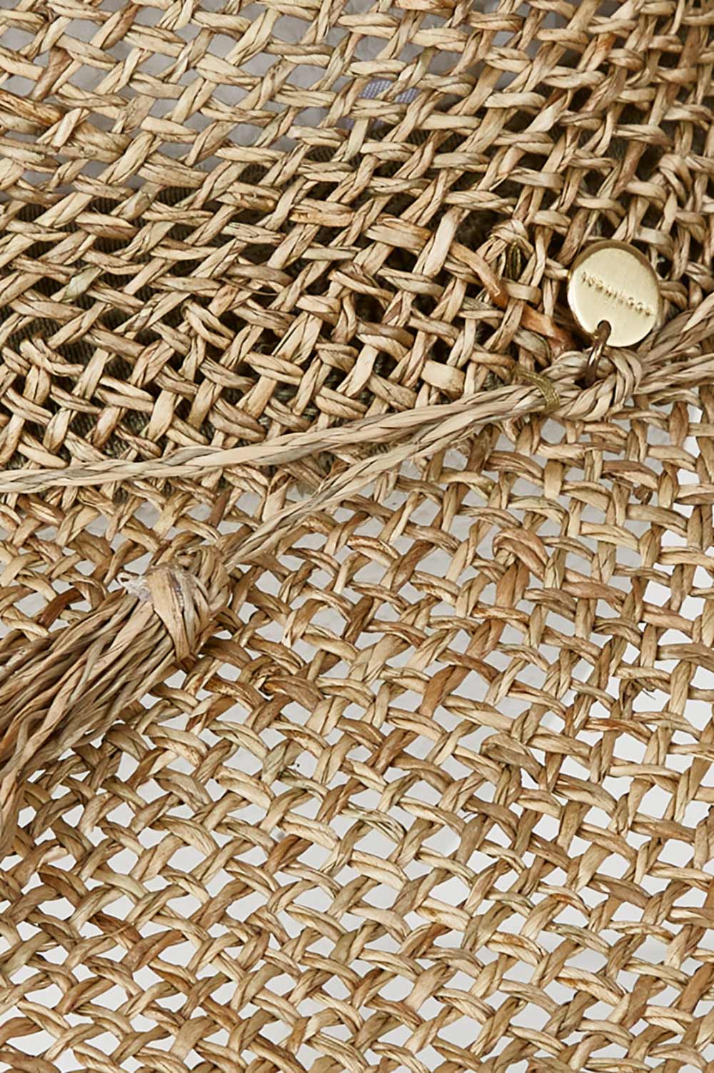 Product shot of the Tigerlily Wide Brim Hat in colour Seagrass, detail