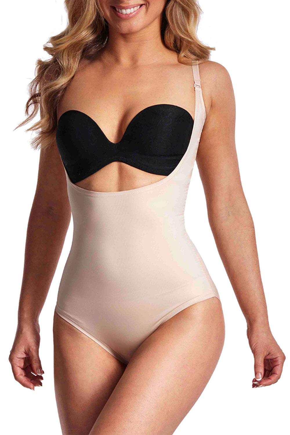 A model wearing the Underbust Smooth Shaping Bodysuit in colour Nude, from the front, cropped image
