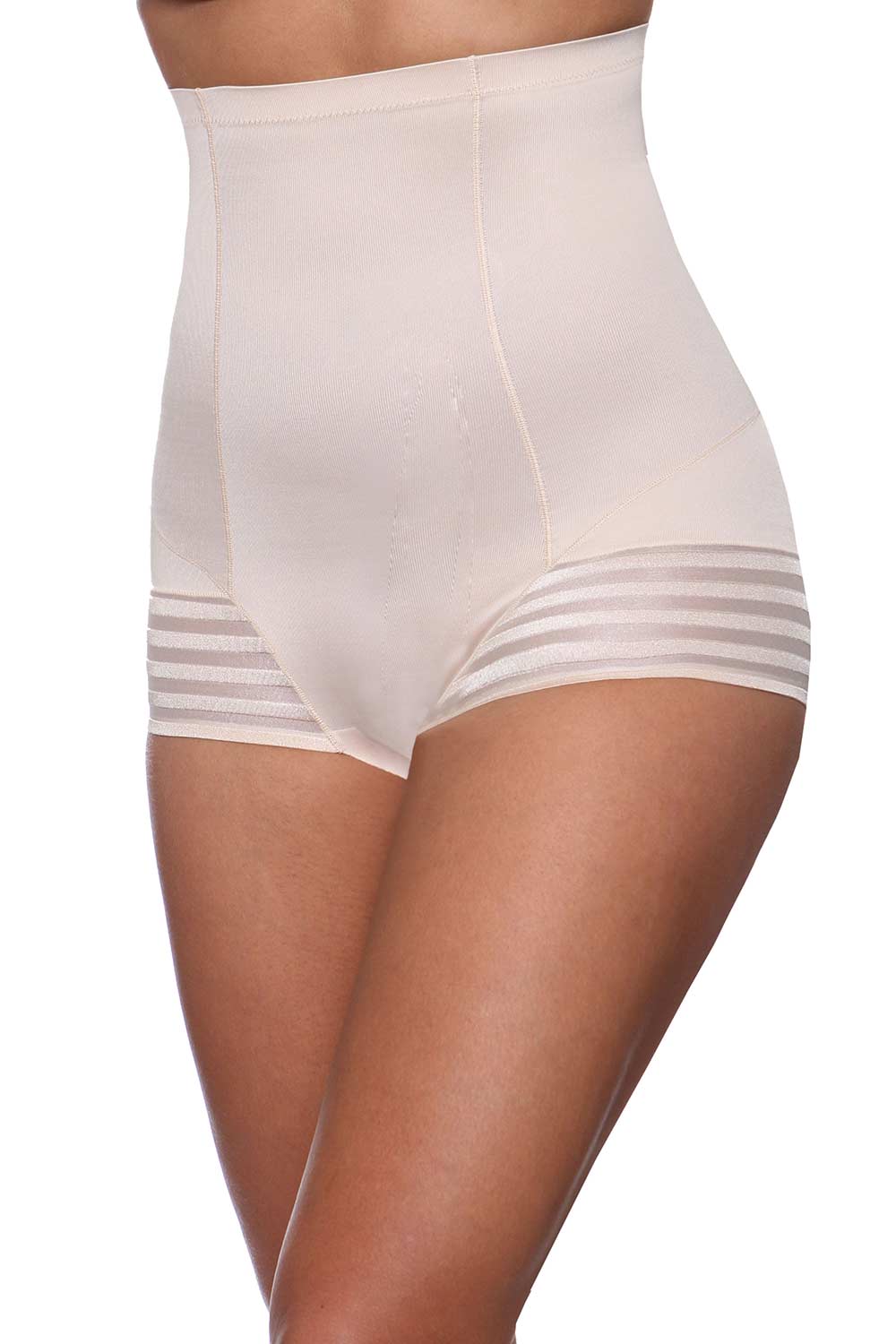 A model wearing the High Waist Shaping Brief in colour Nude, from the front, cropped image