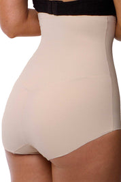 A model wearing the Everyday High Waisted Brief in colour Nude, from the back