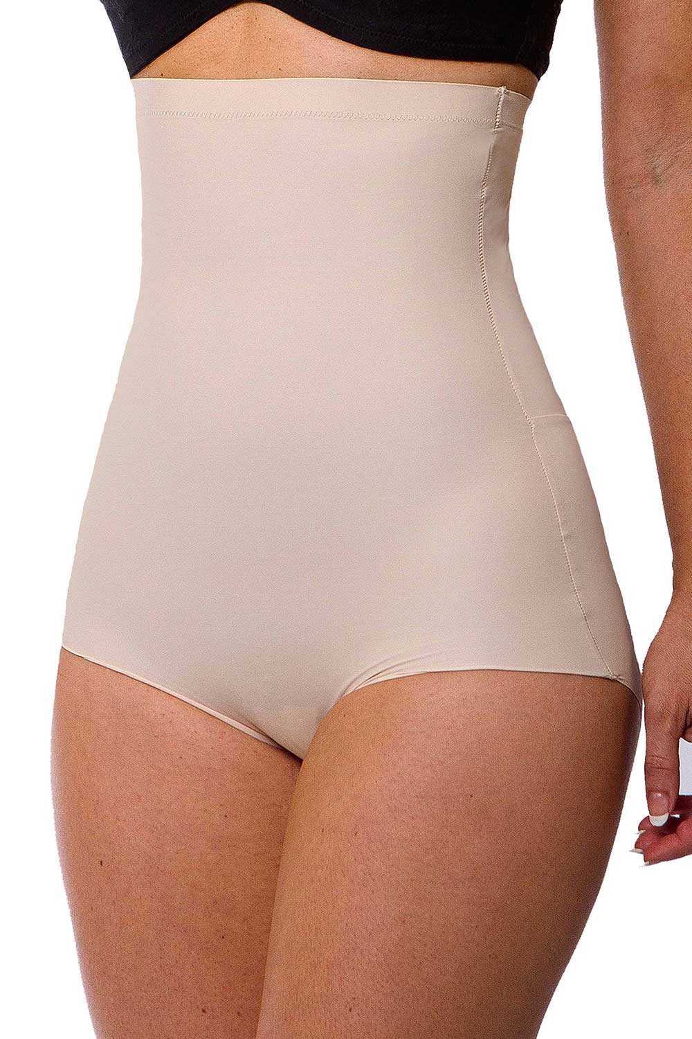 A model wearing the Everyday High Waisted Brief in colour Nude, from the front, cropped image