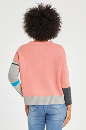 Model Olivia wearing size S of the Stripe Detail Jumper in colour Marl (Grey), from the back
