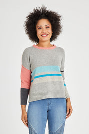 Model Olivia wearing size S of the Stripe Detail Jumper in colour Marl (Grey), from the front, cropped image