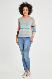 Model Olivia wearing size S of the Stripe Detail Jumper in colour Marl (Grey), from the front, showing the whole outfit
