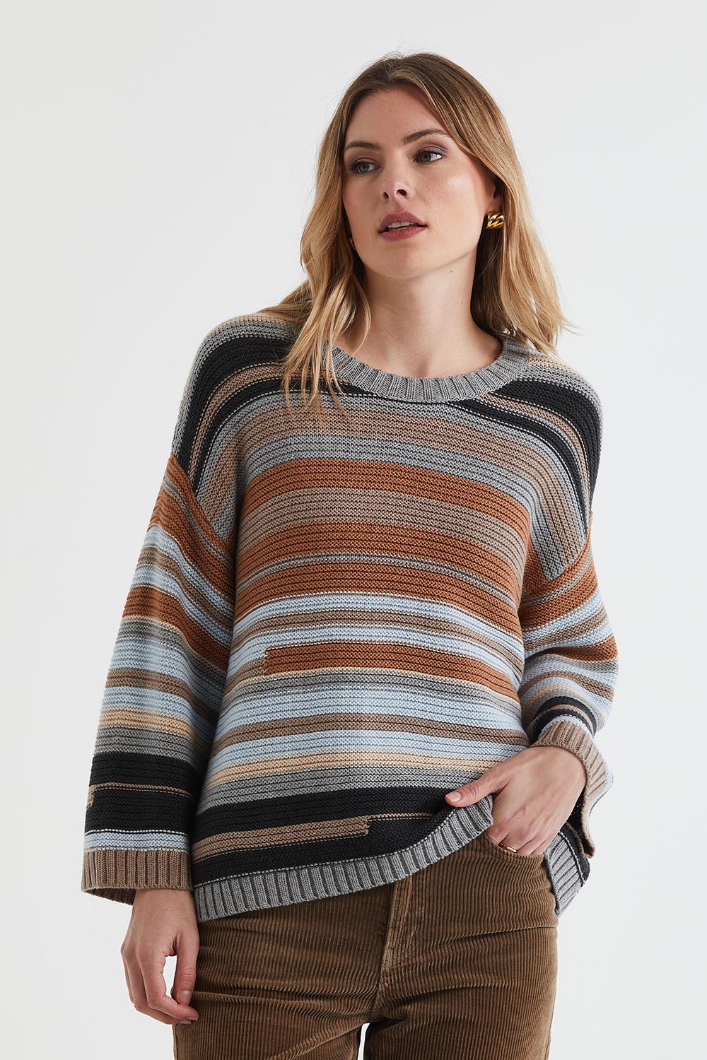 A model wearing the Multi Stripe Cotton Blend Jumper in colour Midgrey, from the front, cropped image