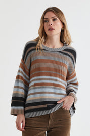 A model wearing the Multi Stripe Cotton Blend Jumper in colour Midgrey, from the front, cropped image