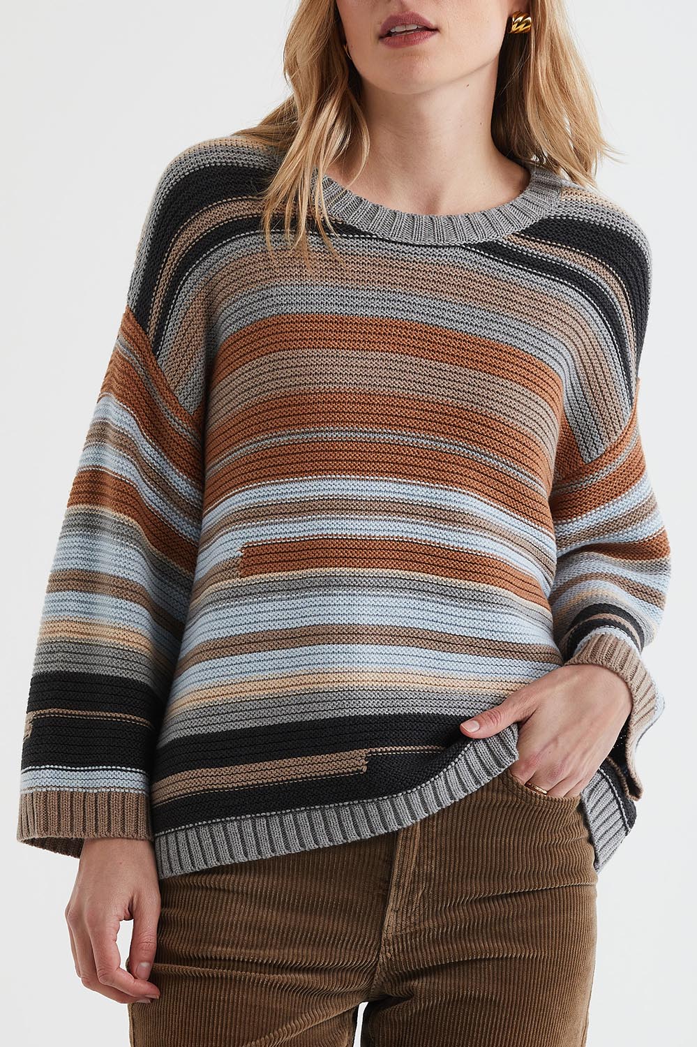 A model wearing the Multi Stripe Cotton Blend Jumper in colour Midgrey, from the front, cropped image