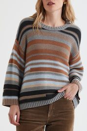 A model wearing the Multi Stripe Cotton Blend Jumper in colour Midgrey, from the front, cropped image