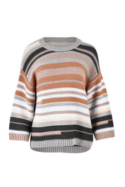 Product shot of the Multi Stripe Cotton Blend Jumper in colour Midgrey, from the front