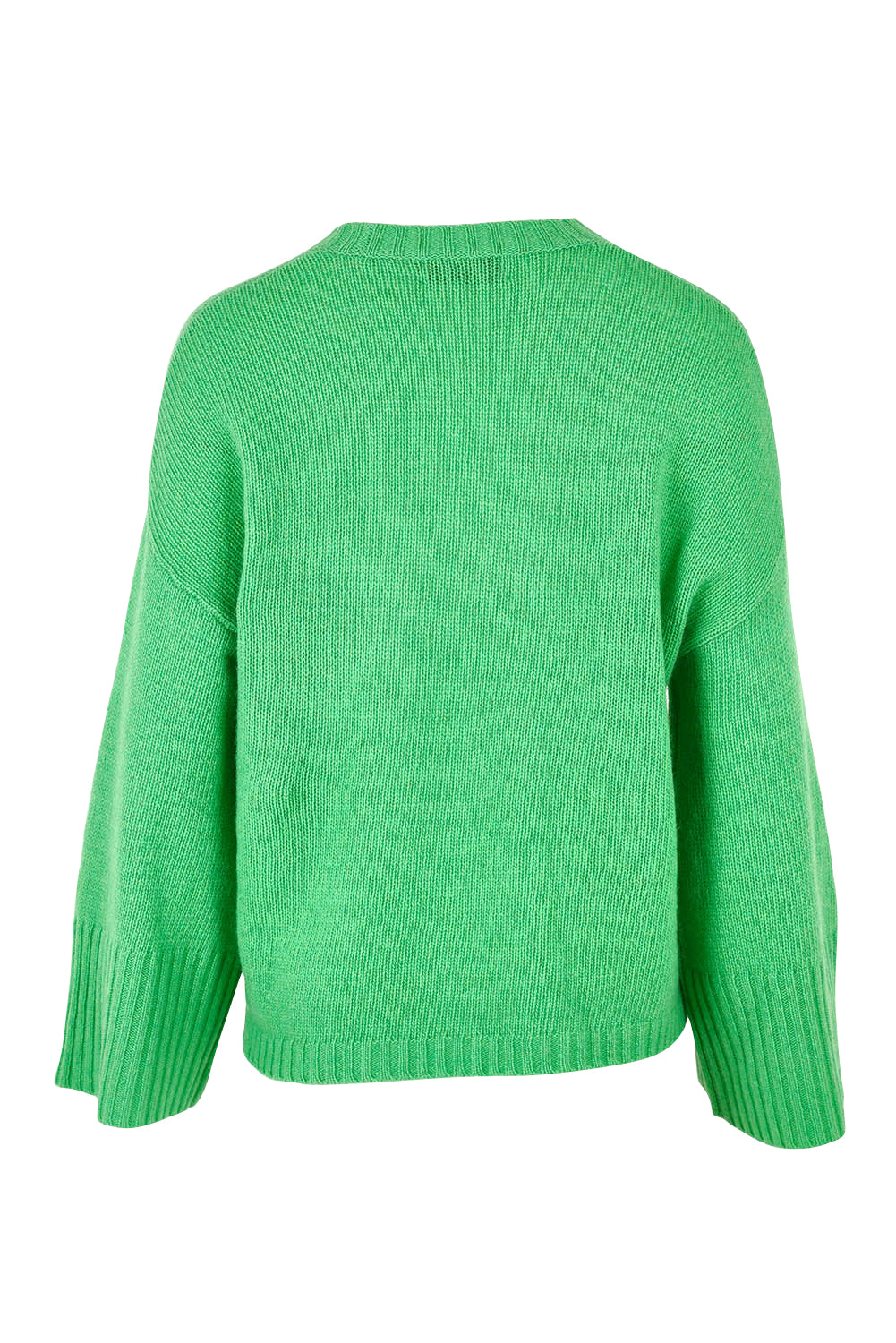 Product shot of the Wide Sleeve Lambswool Crew in colour Parakeet (Green), from the back